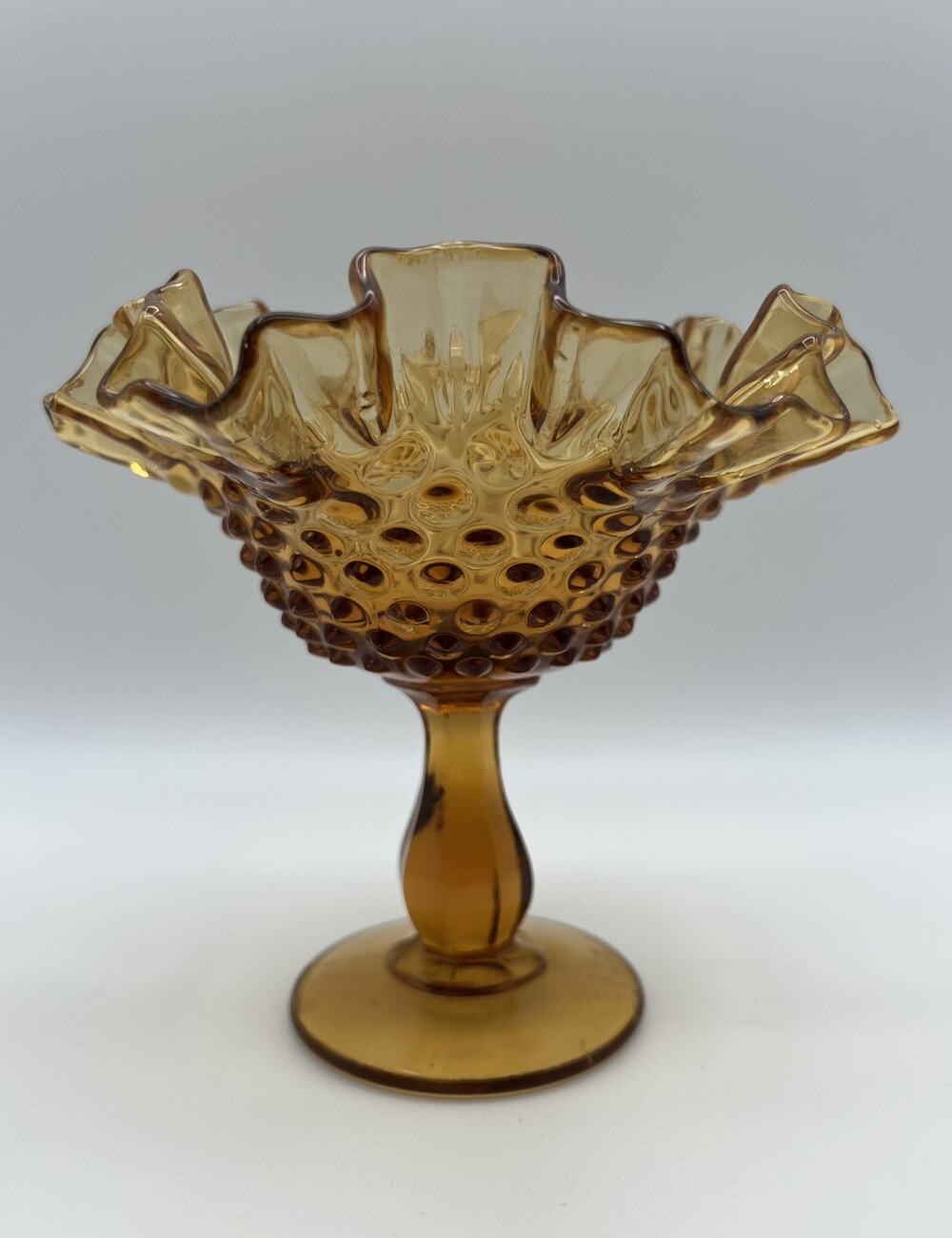 Fenton Amber Glass Hobnail Ruffled Edge Pedestal Compote Candy Dish 6” Vintage